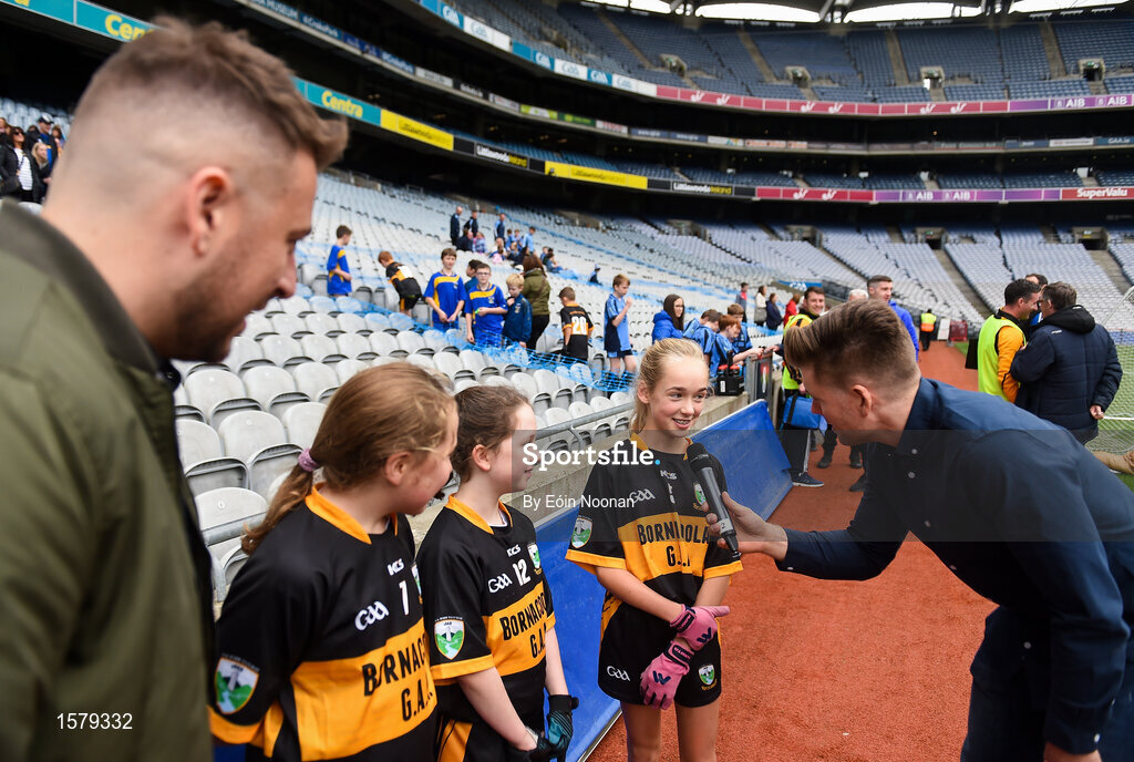 22 September 2018; The 2 Johnnies interviewing players from  Bornacoola, Co. Leitrim, Fionna Mulligan, age 11, Elana kilrane, age 11 and Jolie Lyons age 12 during the Littlewoods Ireland Connacht Provincial Days Go Games in Croke Park. This year over 6,000 boys and girls aged between six and eleven represented their clubs in a series of mini blitzes and – just like their heroes – got to play in Croke Park. For exclusive content and behind the scenes action follow Littlewoods Ireland on Facebook, Instagram, Twitter and https://blog.littlewoodsireland.ie/ Photo by Eóin Noonan/Sportsfile