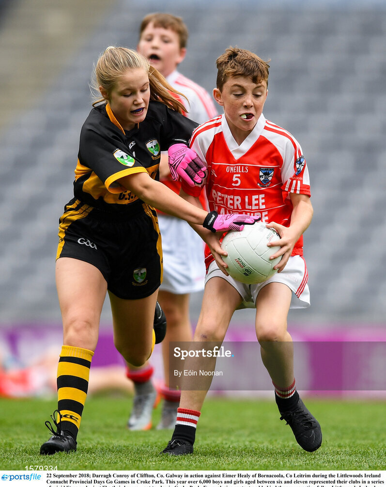 22 September 2018; Darragh Conroy of Cliffton, Co. Galway in action against Eimer Healy of Bornacoola, Co Leitrim during the Littlewoods Ireland Connacht Provincial Days Go Games in Croke Park. This year over 6,000 boys and girls aged between six and eleven represented their clubs in a series of mini blitzes and – just like their heroes – got to play in Croke Park. For exclusive content and behind the scenes action follow Littlewoods Ireland on Facebook, Instagram, Twitter and https://blog.littlewoodsireland.ie/ Photo by Eóin Noonan/Sportsfile