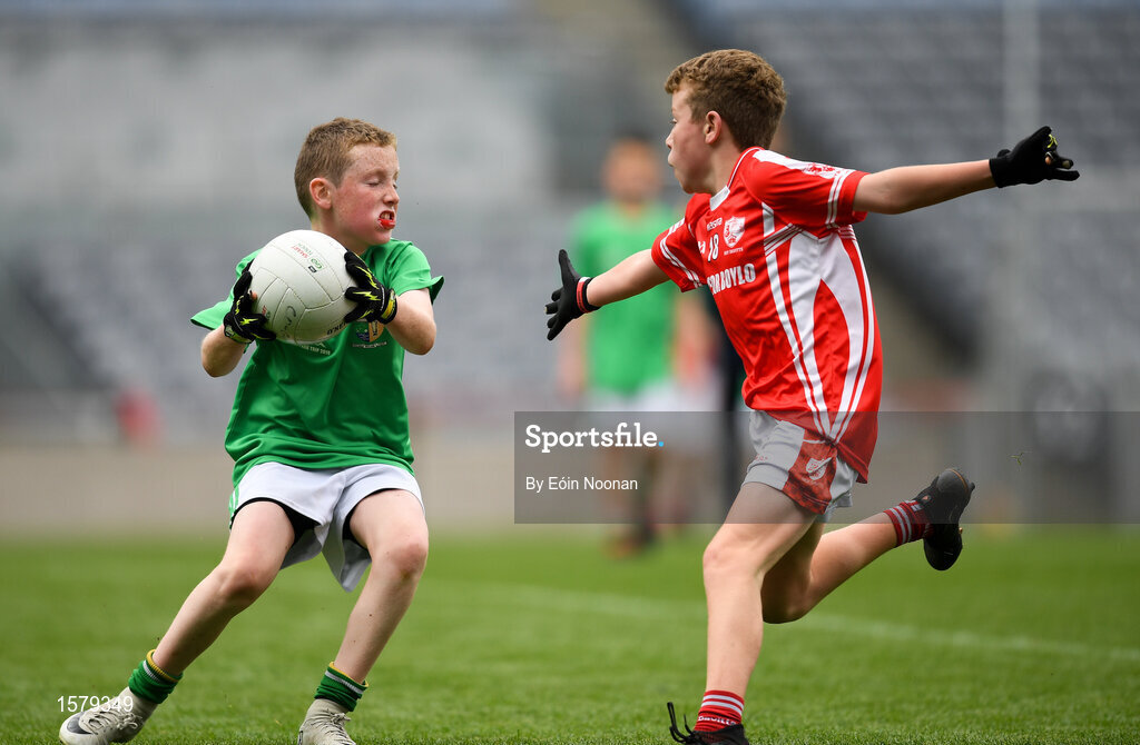 22 September 2018; Conor Leinihan of St. Molaise Gaels, Co. Sligo in action against Adam Conlon of Bohola Moy Davitts, Co. Mayo during the Littlewoods Ireland Connacht Provincial Days Go Games in Croke Park. This year over 6,000 boys and girls aged between six and eleven represented their clubs in a series of mini blitzes and – just like their heroes – got to play in Croke Park. For exclusive content and behind the scenes action follow Littlewoods Ireland on Facebook, Instagram, Twitter and https://blog.littlewoodsireland.ie/ Photo by Eóin Noonan/Sportsfile