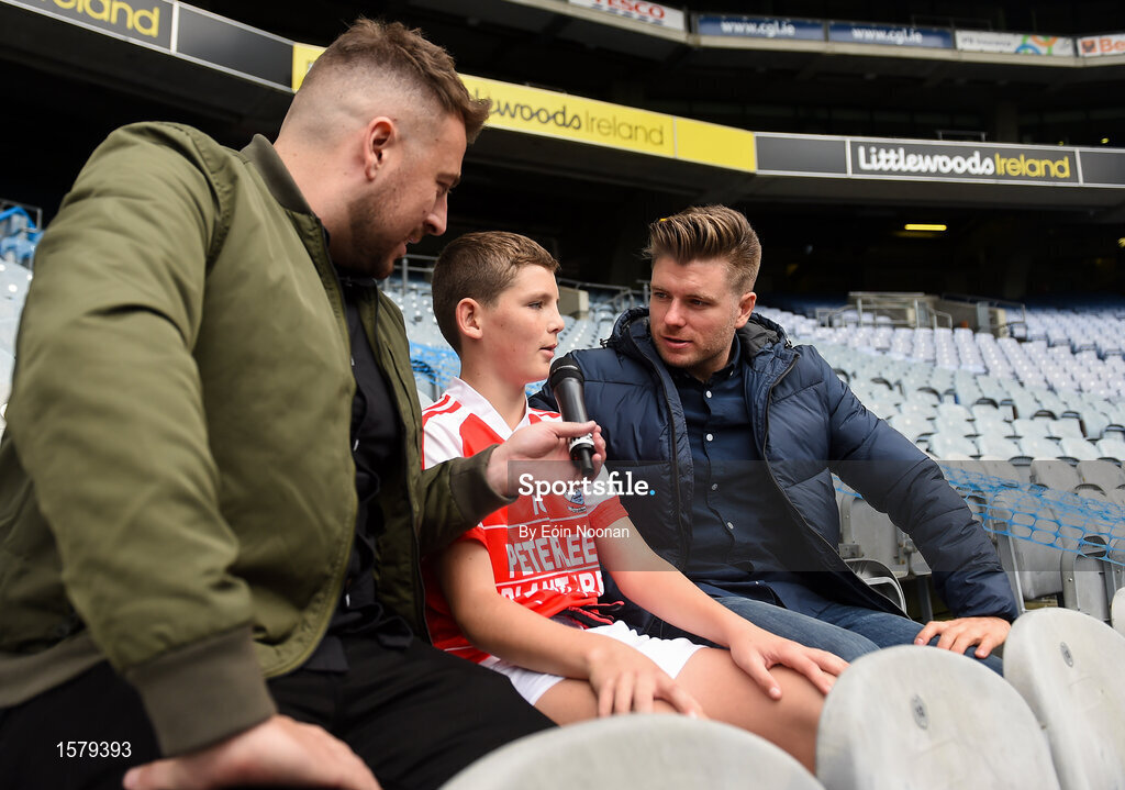22 September 2018; The 2 Johnnies interview Cillian Gannon, age 12 from Clifton, Co. Galway during the Littlewoods Ireland Connacht Provincial Days Go Games in Croke Park. This year over 6,000 boys and girls aged between six and eleven represented their clubs in a series of mini blitzes and – just like their heroes – got to play in Croke Park. For exclusive content and behind the scenes action follow Littlewoods Ireland on Facebook, Instagram, Twitter and https://blog.littlewoodsireland.ie/ Photo by Eóin Noonan/Sportsfile