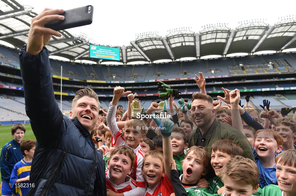 22 September 2018; The 2 Johnnies take selfies with young players during the Littlewoods Ireland Connacht Provincial Days Go Games in Croke Park. This year over 6,000 boys and girls aged between six and eleven represented their clubs in a series of mini blitzes and – just like their heroes – got to play in Croke Park. For exclusive content and behind the scenes action follow Littlewoods Ireland on Facebook, Instagram, Twitter and https://blog.littlewoodsireland.ie/ Photo by Eóin Noonan/Sportsfile