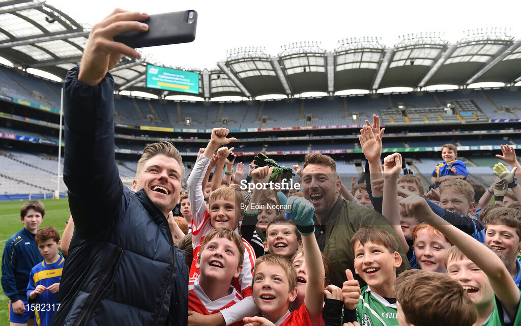 22 September 2018; The 2 Johnnies take selfies with young players during the Littlewoods Ireland Connacht Provincial Days Go Games in Croke Park. This year over 6,000 boys and girls aged between six and eleven represented their clubs in a series of mini blitzes and – just like their heroes – got to play in Croke Park. For exclusive content and behind the scenes action follow Littlewoods Ireland on Facebook, Instagram, Twitter and https://blog.littlewoodsireland.ie/ Photo by Eóin Noonan/Sportsfile