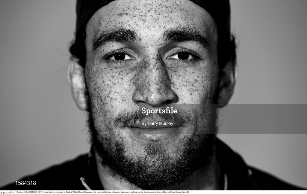 2 October 2018; (EDITOR'S NOTE; Image has been converted to Black & White) Ultane Dillane poses for a portrait following a Connacht Rugby press conference at the Sportsground in Galway. Photo by Harry Murphy/Sportsfile
