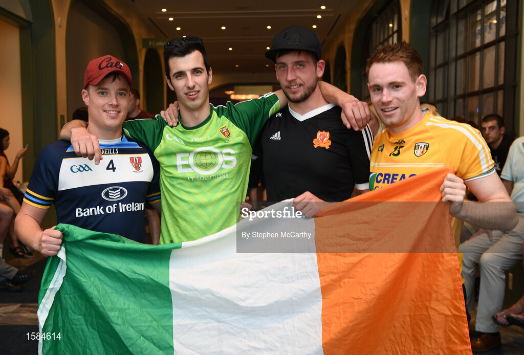 4 October 2018; Conor McGregor supporters, from left, Eoin McCluskey, Ryan Madile, Patrick Keenan and Sean McNally wait to enter the final press conference for UFC 229 at the Park Theater in Las Vegas, Nevada, United States. Photo by Stephen McCarthy/Sportsfile