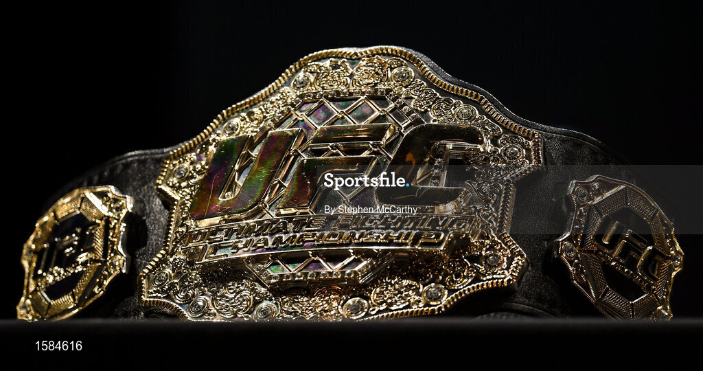 4 October 2018; A detailed view of the World Lightweight Championship belt prior to a press conference for UFC 229 at the Park Theater in Las Vegas, Nevada, United States. Photo by Stephen McCarthy/Sportsfile