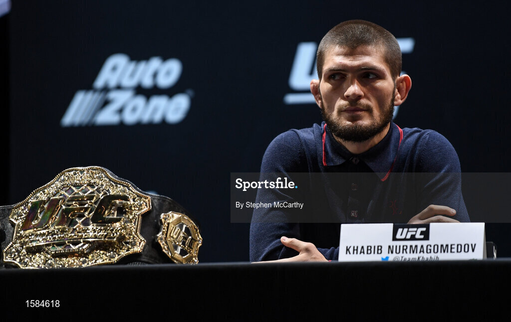 4 October 2018; Khabib Nurmagomedov during a press conference for UFC 229 at the Park Theater in Las Vegas, Nevada, United States. Photo by Stephen McCarthy/Sportsfile