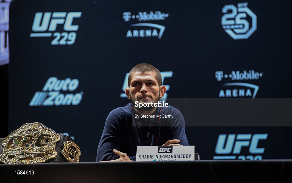 4 October 2018; Khabib Nurmagomedov during a press conference for UFC 229 at the Park Theater in Las Vegas, Nevada, United States. Photo by Stephen McCarthy/Sportsfile
