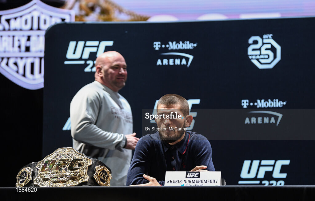 4 October 2018; Khabib Nurmagomedov during a press conference for UFC 229 at the Park Theater in Las Vegas, Nevada, United States. Photo by Stephen McCarthy/Sportsfile