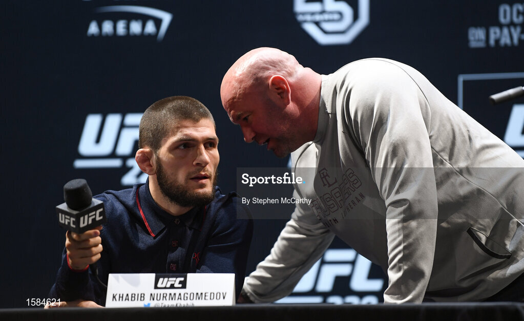 4 October 2018; President of the Ultimate Fighting Championship Dana White, right, with Khabib Nurmagomedov during a press conference for UFC 229 at the Park Theater in Las Vegas, Nevada, United States. Photo by Stephen McCarthy/Sportsfile