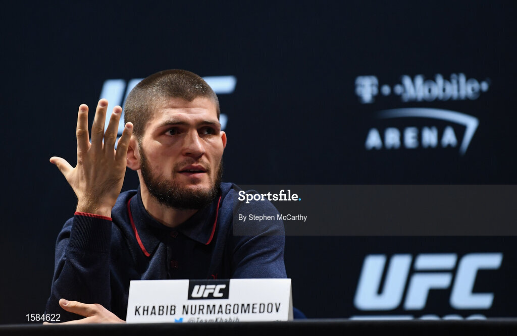 4 October 2018; Khabib Nurmagomedov during a press conference for UFC 229 at the Park Theater in Las Vegas, Nevada, United States. Photo by Stephen McCarthy/Sportsfile