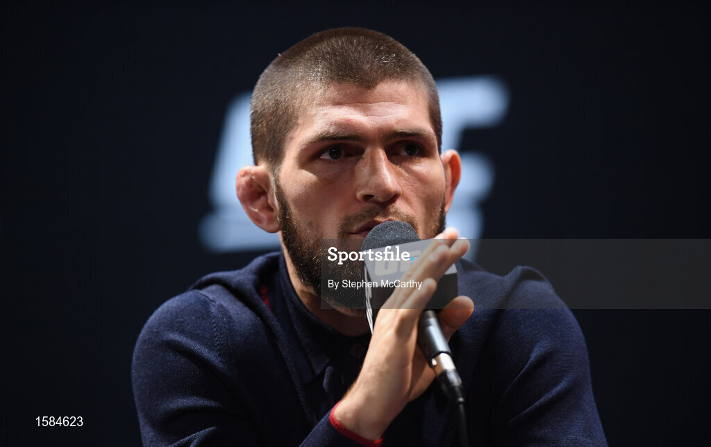 4 October 2018; Khabib Nurmagomedov during a press conference for UFC 229 at the Park Theater in Las Vegas, Nevada, United States. Photo by Stephen McCarthy/Sportsfile