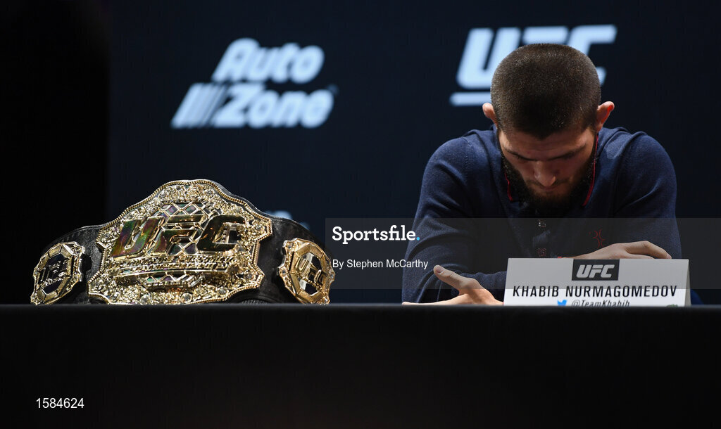4 October 2018; Khabib Nurmagomedov during a press conference for UFC 229 at the Park Theater in Las Vegas, Nevada, United States. Photo by Stephen McCarthy/Sportsfile
