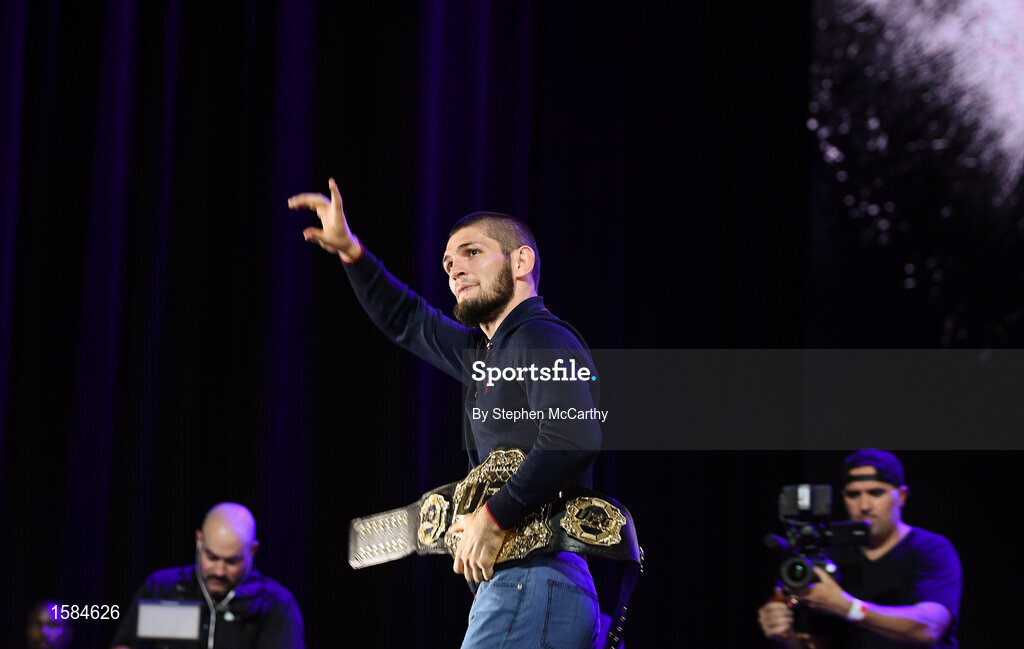 4 October 2018; Khabib Nurmagomedov during a press conference for UFC 229 at the Park Theater in Las Vegas, Nevada, United States. Photo by Stephen McCarthy/Sportsfile