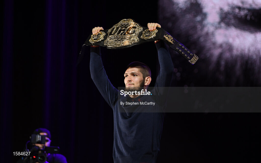 4 October 2018; Khabib Nurmagomedov during a press conference for UFC 229 at the Park Theater in Las Vegas, Nevada, United States. Photo by Stephen McCarthy/Sportsfile