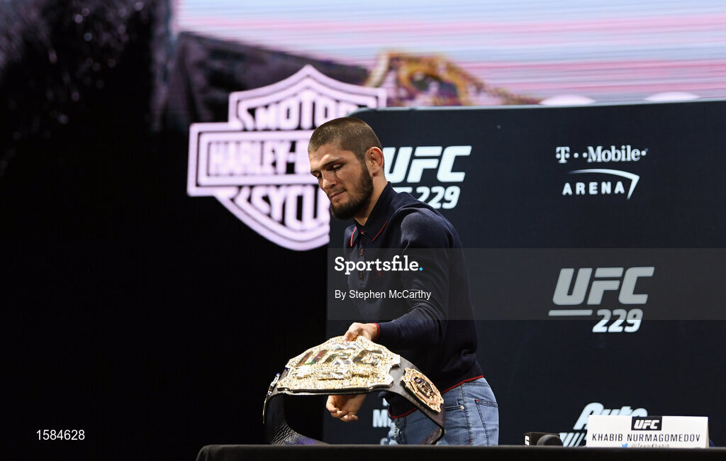 4 October 2018; Khabib Nurmagomedov during a press conference for UFC 229 at the Park Theater in Las Vegas, Nevada, United States. Photo by Stephen McCarthy/Sportsfile