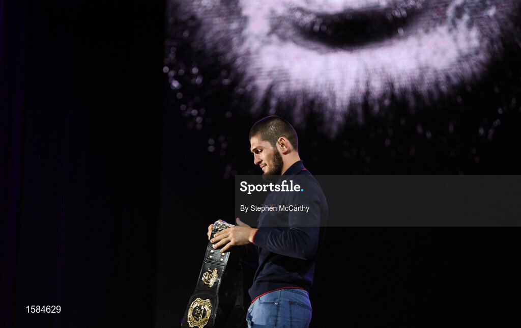 4 October 2018; Khabib Nurmagomedov during a press conference for UFC 229 at the Park Theater in Las Vegas, Nevada, United States. Photo by Stephen McCarthy/Sportsfile