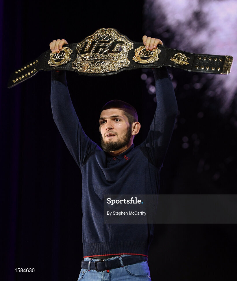 4 October 2018; Khabib Nurmagomedov during a press conference for UFC 229 at the Park Theater in Las Vegas, Nevada, United States. Photo by Stephen McCarthy/Sportsfile