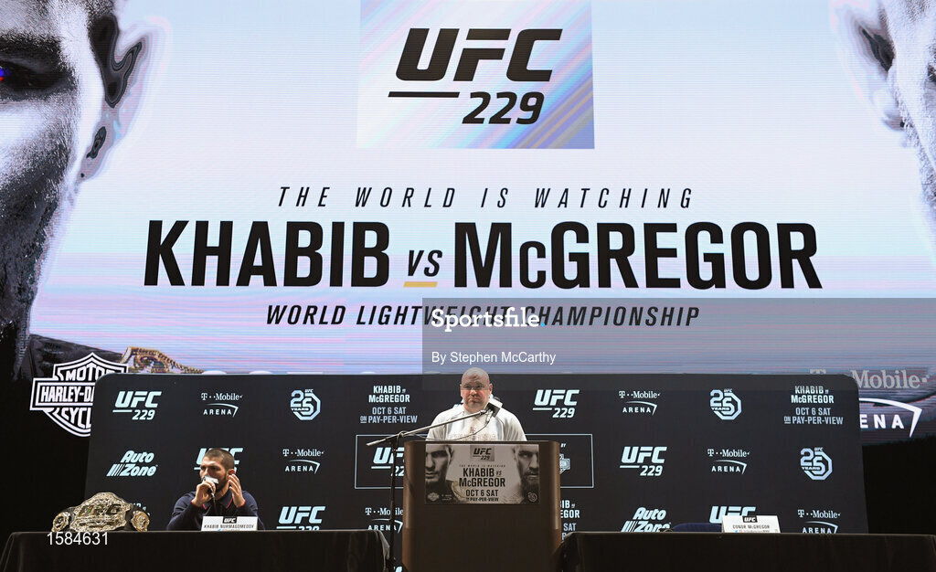 4 October 2018; President of the Ultimate Fighting Championship Dana White, right, with Khabib Nurmagomedov during a press conference for UFC 229 at the Park Theater in Las Vegas, Nevada, United States. Photo by Stephen McCarthy/Sportsfile