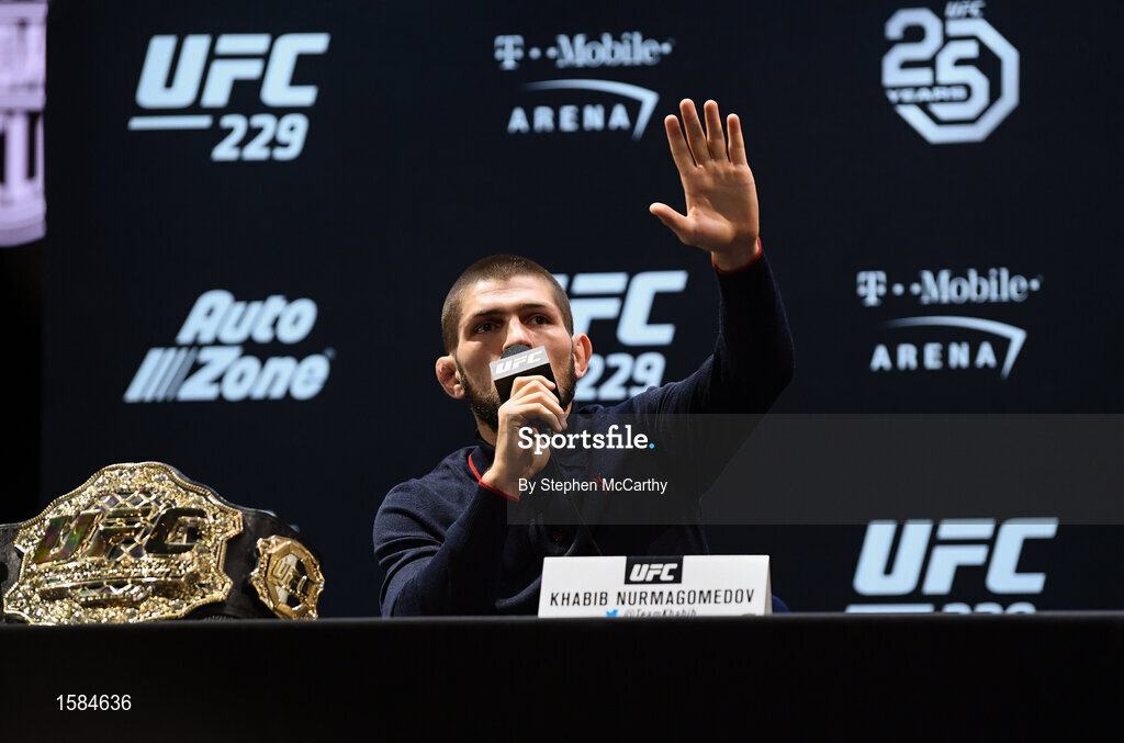 4 October 2018; Khabib Nurmagomedov during a press conference for UFC 229 at the Park Theater in Las Vegas, Nevada, United States. Photo by Stephen McCarthy/Sportsfile