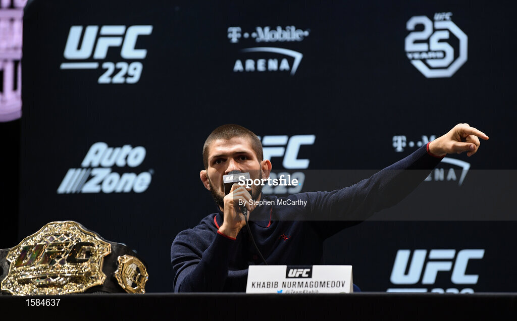 4 October 2018; Khabib Nurmagomedov during a press conference for UFC 229 at the Park Theater in Las Vegas, Nevada, United States. Photo by Stephen McCarthy/Sportsfile