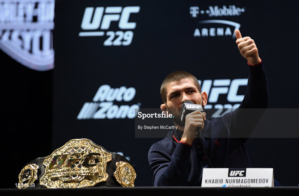 4 October 2018; Khabib Nurmagomedov during a press conference for UFC 229 at the Park Theater in Las Vegas, Nevada, United States. Photo by Stephen McCarthy/Sportsfile
