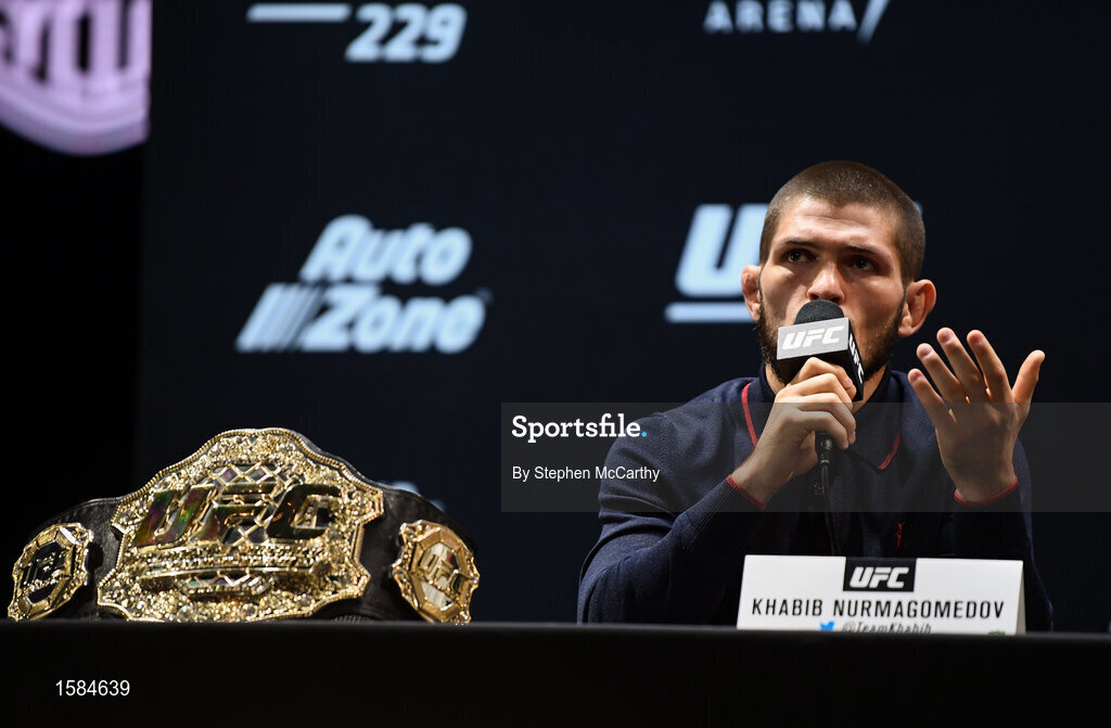 4 October 2018; Khabib Nurmagomedov during a press conference for UFC 229 at the Park Theater in Las Vegas, Nevada, United States. Photo by Stephen McCarthy/Sportsfile