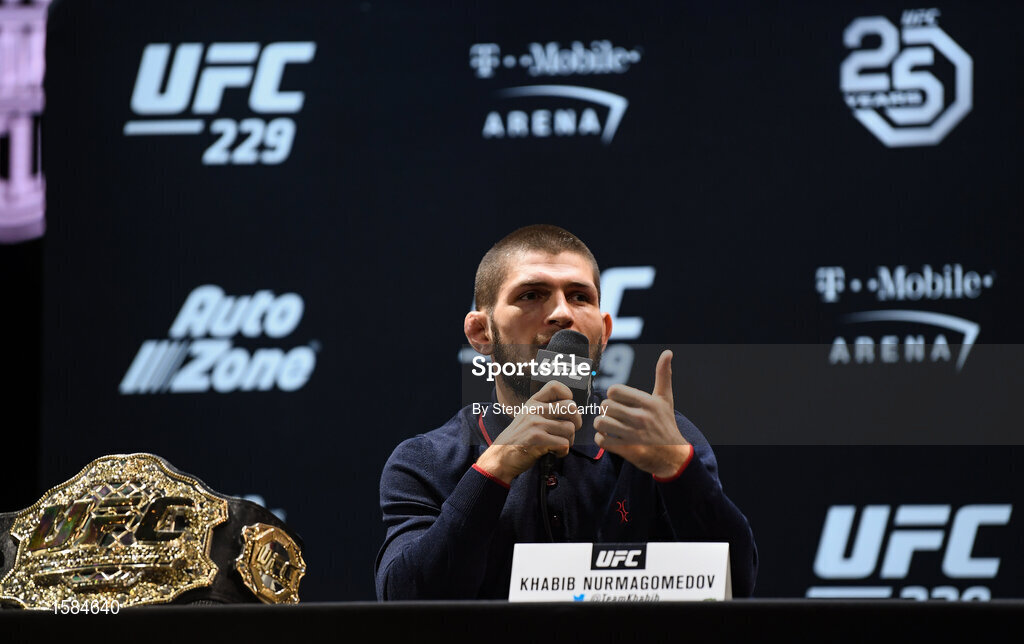 4 October 2018; Khabib Nurmagomedov during a press conference for UFC 229 at the Park Theater in Las Vegas, Nevada, United States. Photo by Stephen McCarthy/Sportsfile