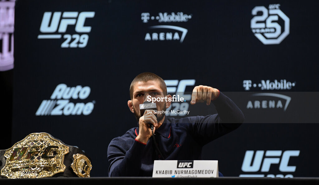 4 October 2018; Khabib Nurmagomedov during a press conference for UFC 229 at the Park Theater in Las Vegas, Nevada, United States. Photo by Stephen McCarthy/Sportsfile