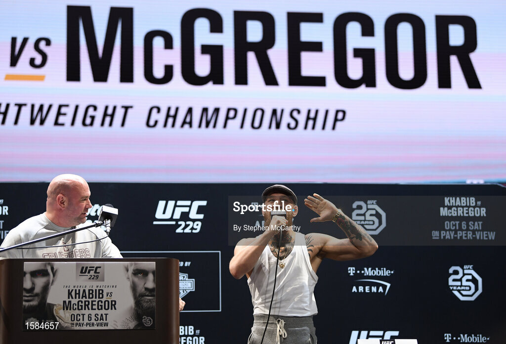 4 October 2018; President of the Ultimate Fighting Championship Dana White, left, and Conor McGregor during a press conference for UFC 229 at the Park Theater in Las Vegas, Nevada, United States. Photo by Stephen McCarthy/Sportsfile