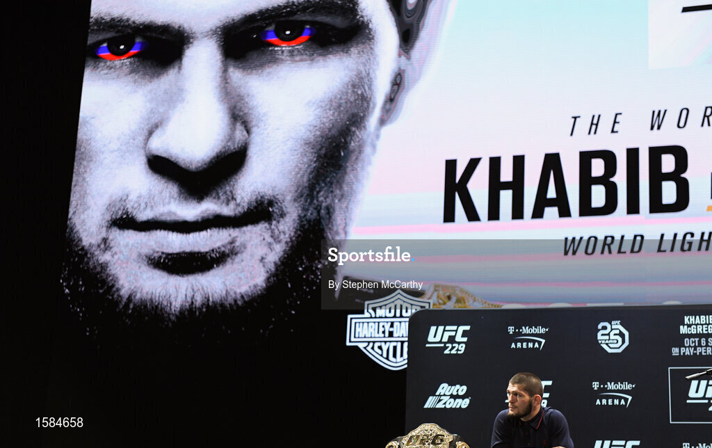 4 October 2018; Khabib Nurmagomedov during a press conference for UFC 229 at the Park Theater in Las Vegas, Nevada, United States. Photo by Stephen McCarthy/Sportsfile