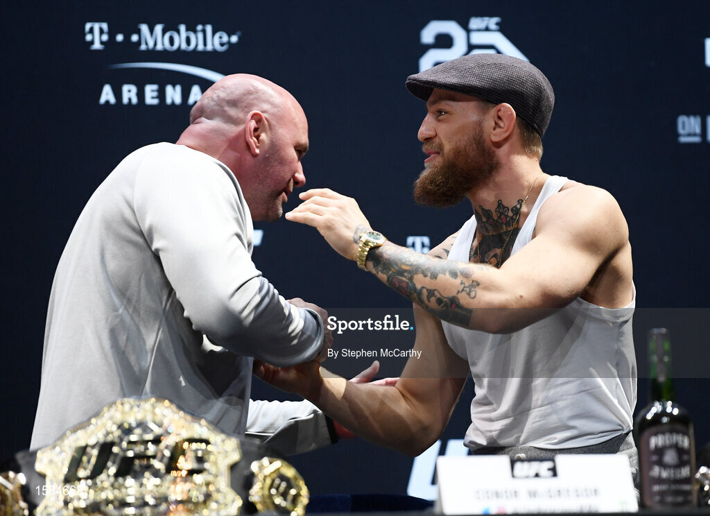 4 October 2018; Conor McGregor and UFC President Dana White during a press conference for UFC 229 at the Park Theater in Las Vegas, Nevada, United States. Photo by Stephen McCarthy/Sportsfile