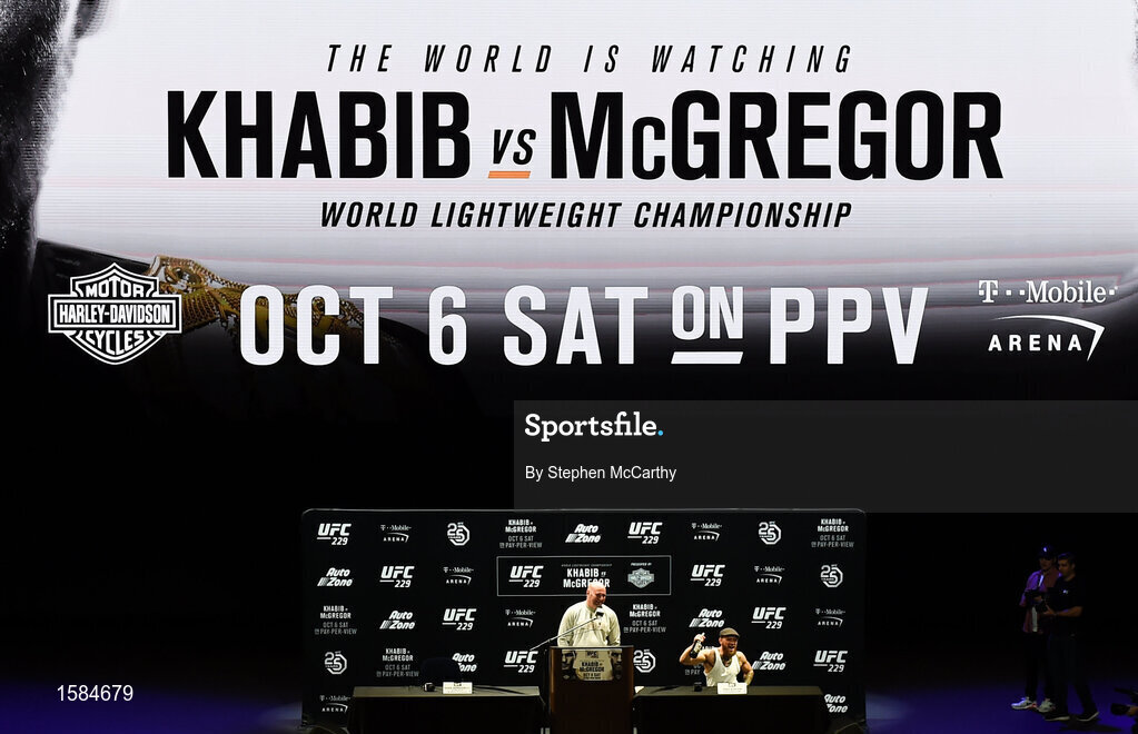 4 October 2018; Conor McGregor and UFC President Dana White during a press conference for UFC 229 at the Park Theater in Las Vegas, Nevada, United States. Photo by Stephen McCarthy/Sportsfile