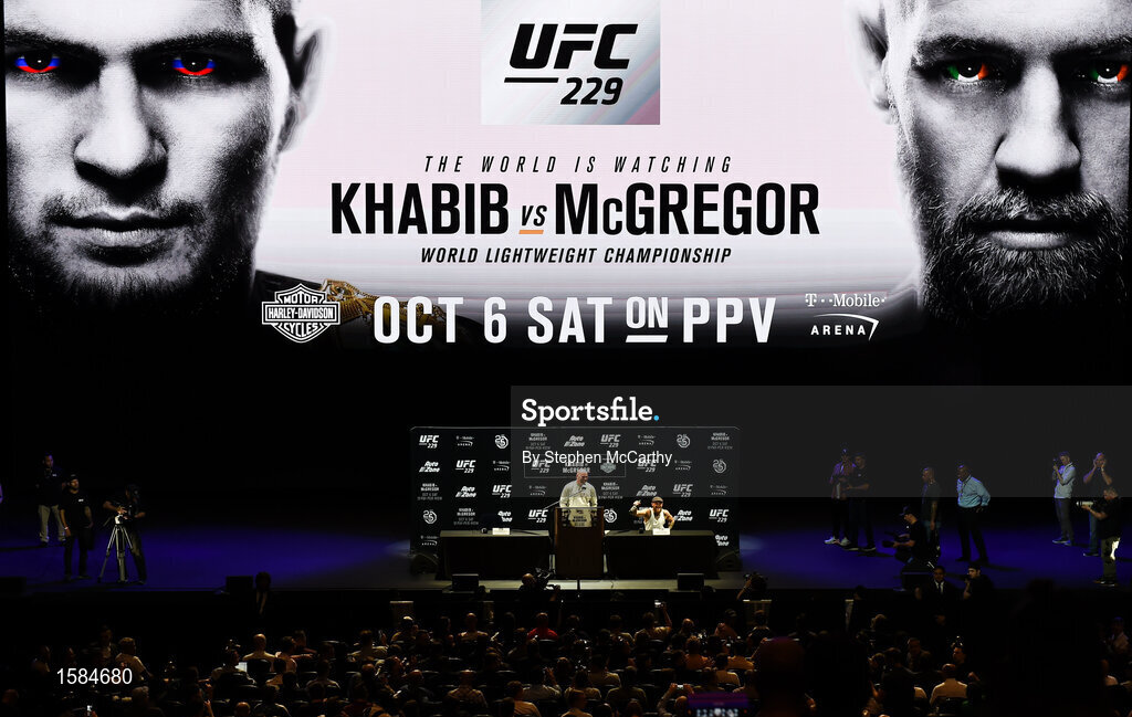 4 October 2018; Conor McGregor and UFC President Dana White during a press conference for UFC 229 at the Park Theater in Las Vegas, Nevada, United States. Photo by Stephen McCarthy/Sportsfile