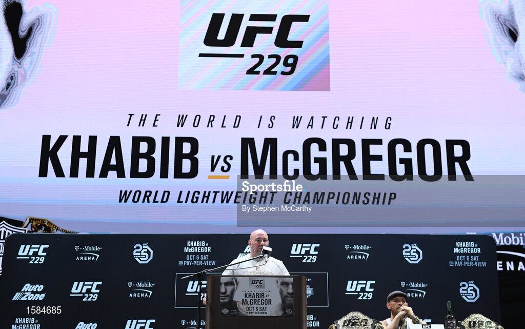 4 October 2018; UFC President Dana White and Conor McGregor during a press conference for UFC 229 at the Park Theater in Las Vegas, Nevada, United States. Photo by Stephen McCarthy/Sportsfile