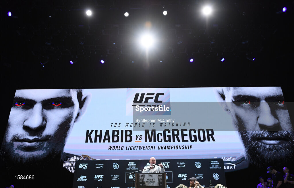 4 October 2018; UFC President Dana White and Conor McGregor during a press conference for UFC 229 at the Park Theater in Las Vegas, Nevada, United States. Photo by Stephen McCarthy/Sportsfile