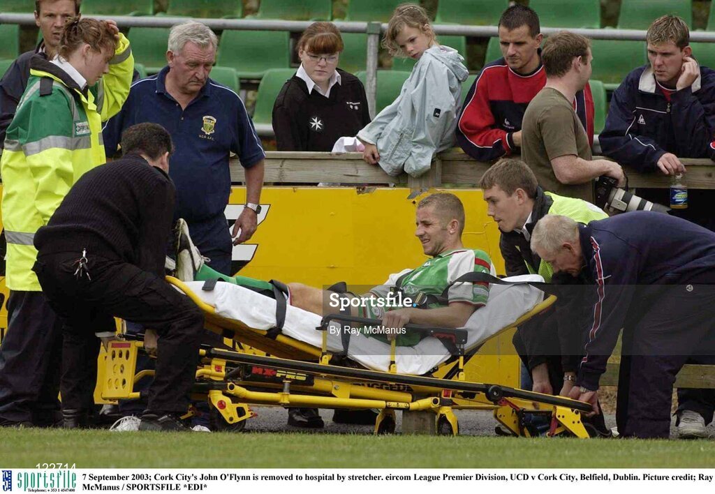 7 September 2003; Cork City's John O'Flynn is removed to hospital by stretcher. eircom League Premier Division, UCD v Cork City, Belfield, Dublin. Picture credit; Ray McManus / SPORTSFILE *EDI*