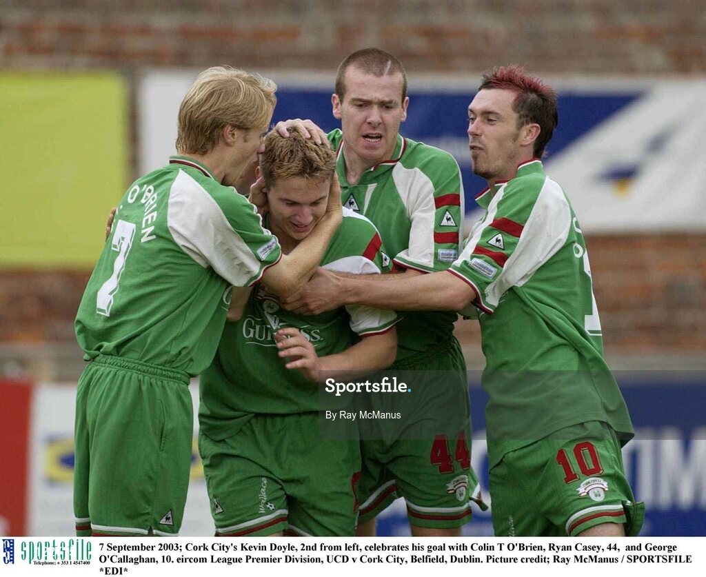 7 September 2003; Cork City's Kevin Doyle, 2nd from left, celebrates his goal with Colin T O'Brien, Ryan Casey, 44,  and George O'Callaghan, 10. eircom League Premier Division, UCD v Cork City, Belfield, Dublin. Picture credit; Ray McManus / SPORTSFILE *EDI*