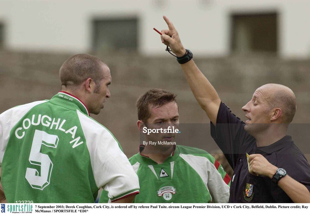7 September 2003; Derek Coughlan, Cork City, is ordered off by referee Paul Tuite. eircom League Premier Division, UCD v Cork City, Belfield, Dublin. Picture credit; Ray McManus / SPORTSFILE *EDI*