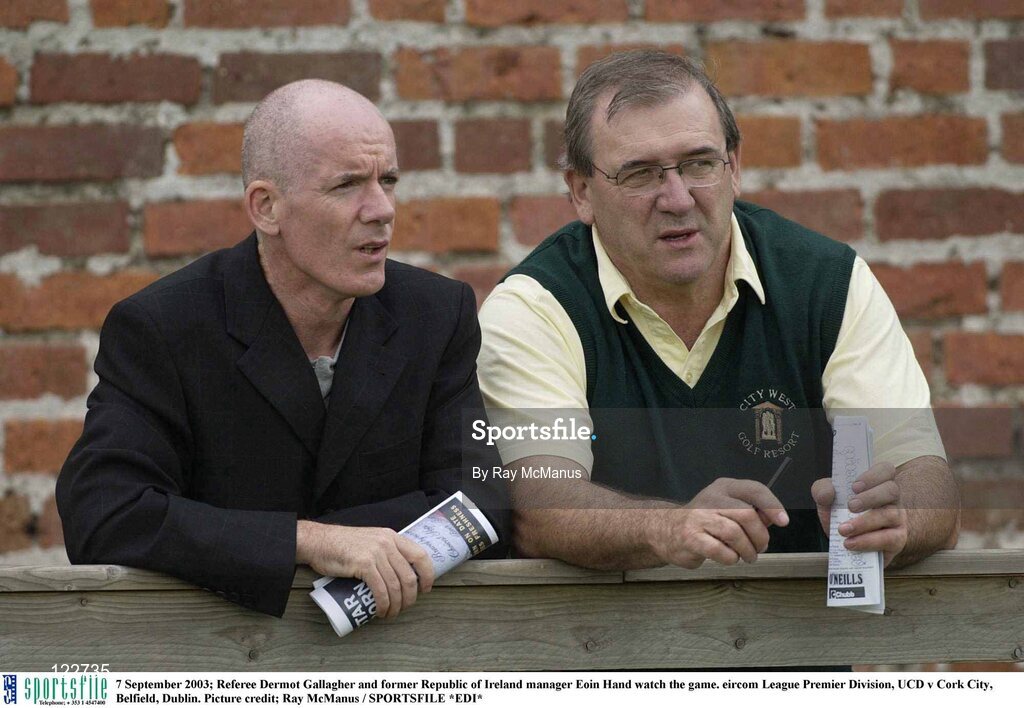 7 September 2003; Referee Dermot Gallagher and former Republic of Ireland manager Eoin Hand watch the game. eircom League Premier Division, UCD v Cork City, Belfield, Dublin. Picture credit; Ray McManus / SPORTSFILE *EDI*