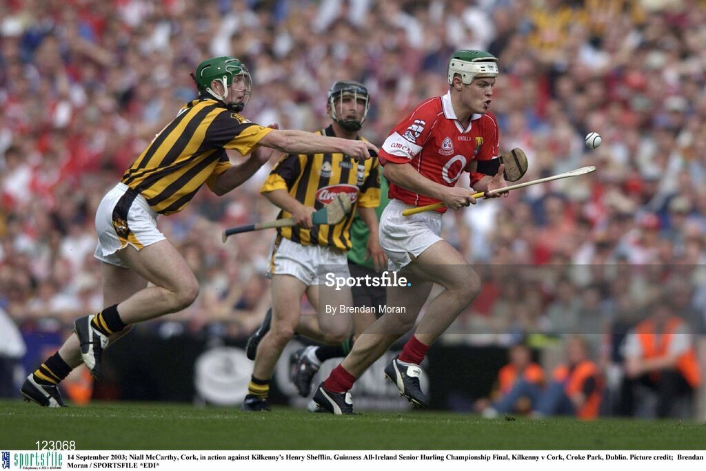 14 September 2003; Niall McCarthy, Cork, in action against Kilkenny's Henry Shefflin. Guinness All-Ireland Senior Hurling Championship Final, Kilkenny v Cork, Croke Park, Dublin. Picture credit;  Brendan Moran / SPORTSFILE *EDI*