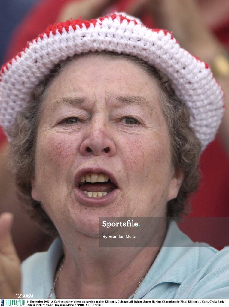 14 September 2003; A Cork supporter cheers on her side against Kilkenny. Guinness All-Ireland Senior Hurling Championship Final, Kilkenny v Cork, Croke Park, Dublin. Picture credit;  Brendan Moran / SPORTSFILE *EDI*