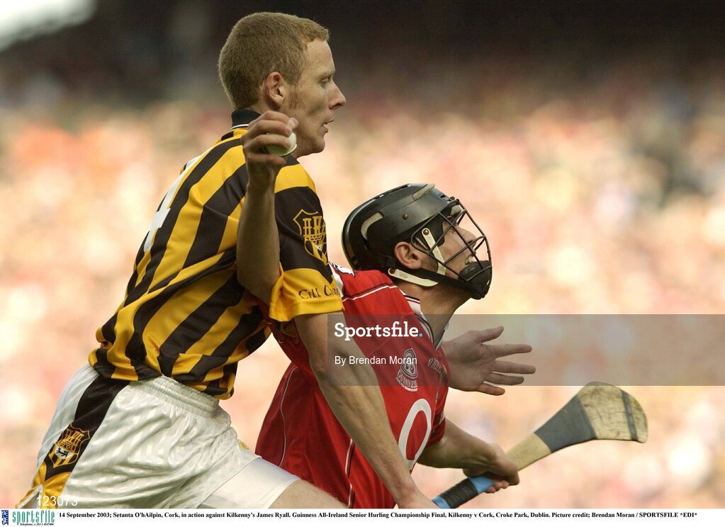 14 September 2003; Setanta O'hAilpin, Cork, in action against Kilkenny's James Ryall. Guinness All-Ireland Senior Hurling Championship Final, Kilkenny v Cork, Croke Park, Dublin. Picture credit; Brendan Moran / SPORTSFILE *EDI*