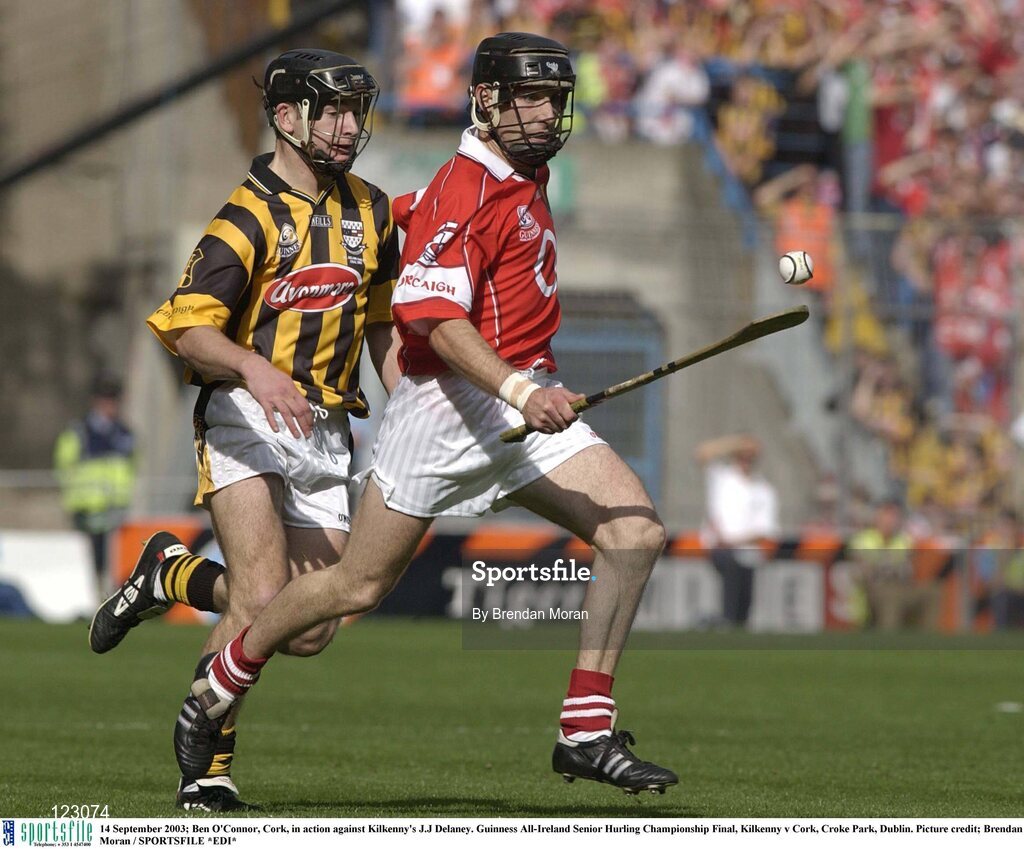 14 September 2003; Ben O'Connor, Cork, in action against Kilkenny's J.J Delaney. Guinness All-Ireland Senior Hurling Championship Final, Kilkenny v Cork, Croke Park, Dublin. Picture credit; Brendan Moran / SPORTSFILE *EDI*