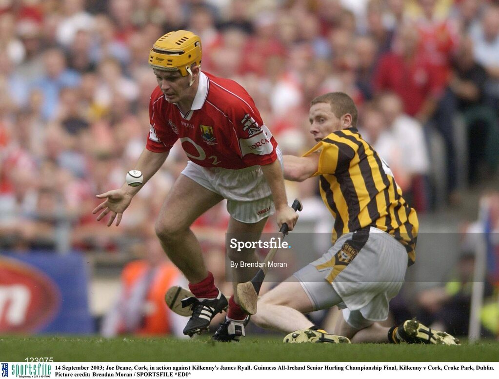 14 September 2003; Joe Deane, Cork, in action against Kilkenny's James Ryall. Guinness All-Ireland Senior Hurling Championship Final, Kilkenny v Cork, Croke Park, Dublin. Picture credit; Brendan Moran / SPORTSFILE *EDI*