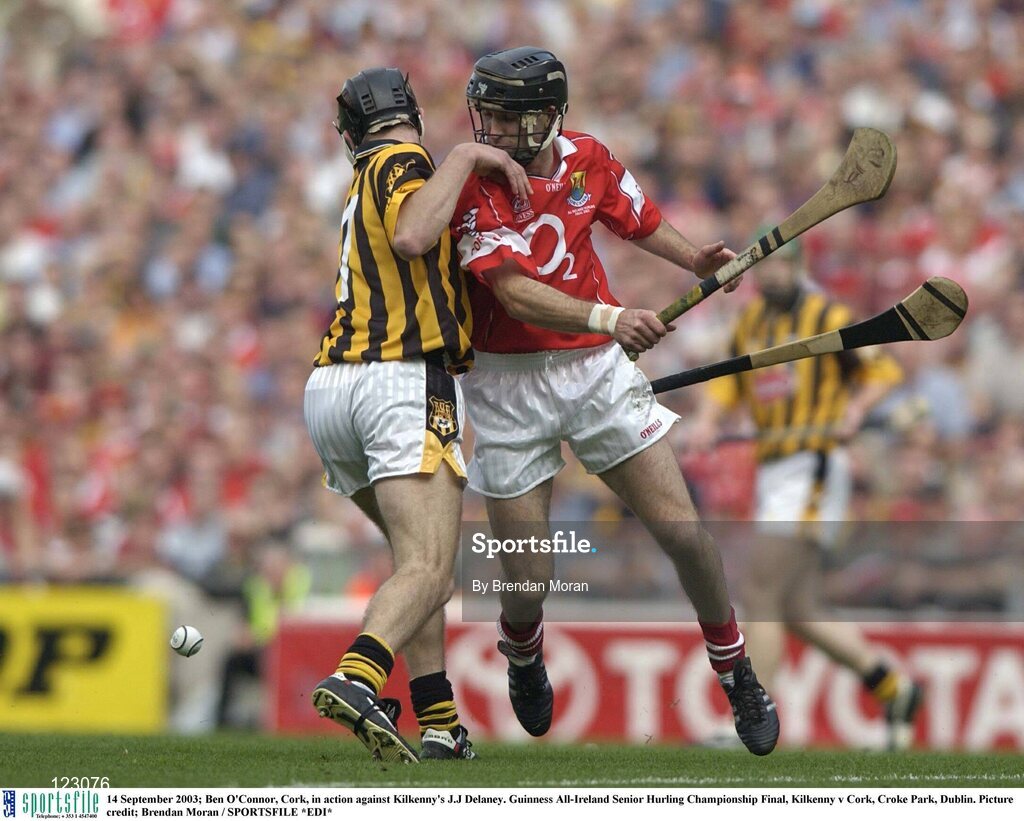 14 September 2003; Ben O'Connor, Cork, in action against Kilkenny's J.J Delaney. Guinness All-Ireland Senior Hurling Championship Final, Kilkenny v Cork, Croke Park, Dublin. Picture credit; Brendan Moran / SPORTSFILE *EDI*