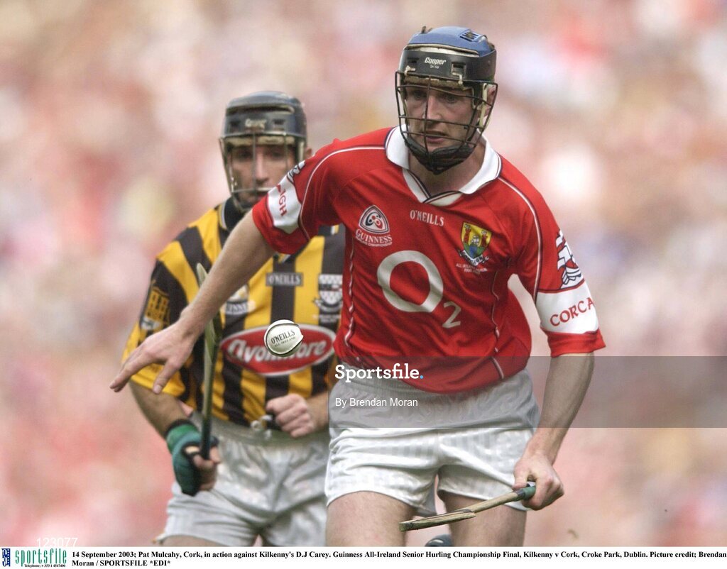 14 September 2003; Pat Mulcahy, Cork, in action against Kilkenny's D.J Carey. Guinness All-Ireland Senior Hurling Championship Final, Kilkenny v Cork, Croke Park, Dublin. Picture credit; Brendan Moran / SPORTSFILE *EDI*