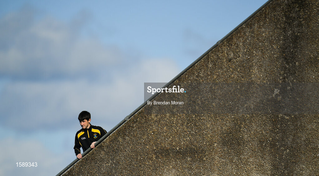 14 October 2018; A young supporter arrives into the main stand prior to the Meath County Senior Club Football Championship Final match between St Peter's Dunboyne and Summerhill at Páirc Tailteann in Navan, Meath. Photo by Brendan Moran/Sportsfile