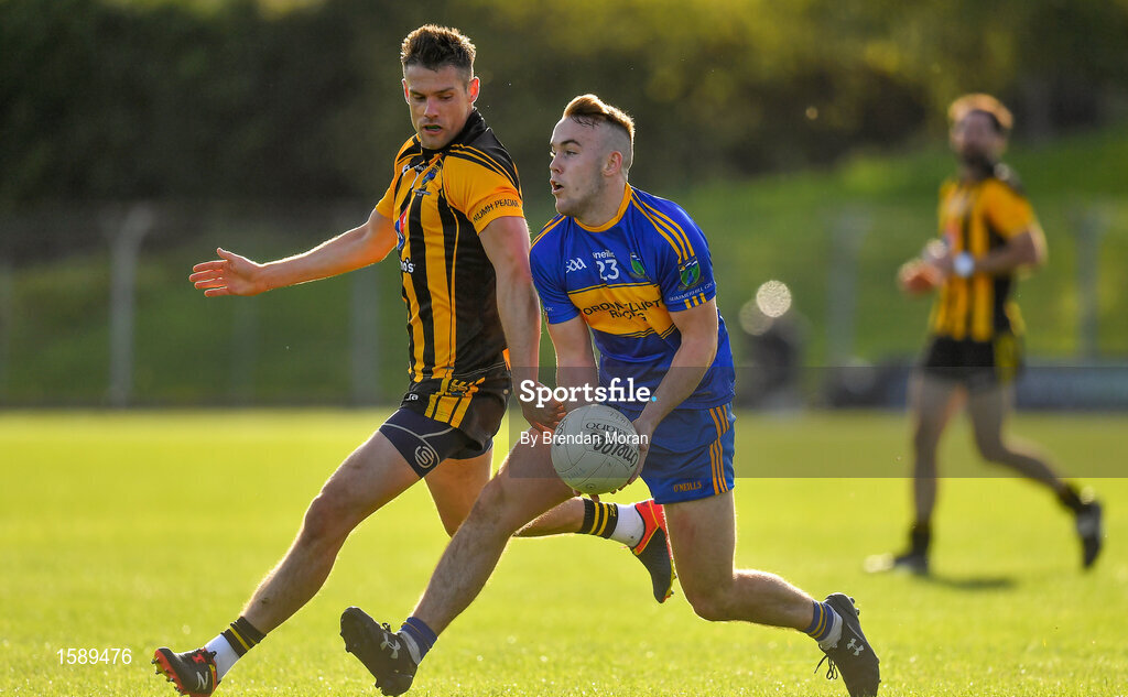 14 October 2018; Ross Ryan of Summerhill in action against Stuart Lowndes of St Peter's Dunboyne during the Meath County Senior Club Football Championship Final match between St Peter's Dunboyne and Summerhill at Páirc Tailteann in Navan, Meath. Photo by Brendan Moran/Sportsfile