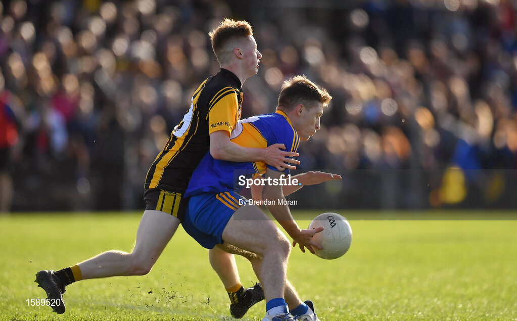 14 October 2018; Sean Dalton of Summerhill in action against CIan O'Dwyer of St Peter's Dunboyne during the Meath County Senior Club Football Championship Final match between St Peter's Dunboyne and Summerhill at Páirc Tailteann in Navan, Meath. Photo by Brendan Moran/Sportsfile
