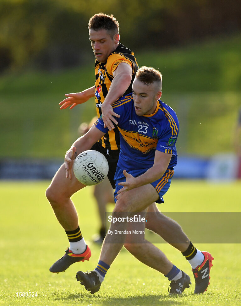 14 October 2018; Ross Ryan of Summerhill in action against Stuart Lowndes of St Peter's Dunboyne during the Meath County Senior Club Football Championship Final match between St Peter's Dunboyne and Summerhill at Páirc Tailteann in Navan, Meath. Photo by Brendan Moran/Sportsfile
